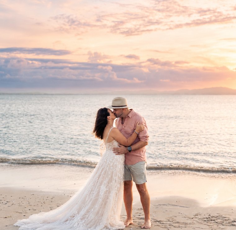Couple kissing on the sand at sunset after their beach elopement